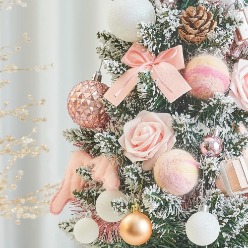 1.8 Feet Pre-lit & Pre-Decorated Tabletop Christmas Tree, Rose Gold Ornament Decorations with Pine Cones, Snow Flocked Mini Christmas Tree with