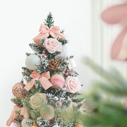 1.8 Feet Pre-lit & Pre-Decorated Tabletop Christmas Tree, Rose Gold Ornament Decorations with Pine Cones, Snow Flocked Mini Christmas Tree with