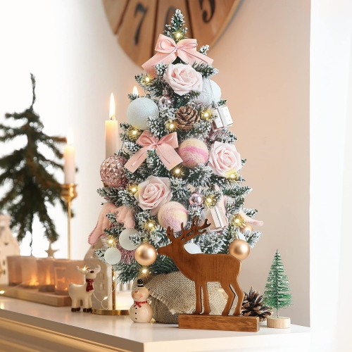1.8 Feet Pre-lit & Pre-Decorated Tabletop Christmas Tree, Rose Gold Ornament Decorations with Pine Cones, Snow Flocked Mini Christmas Tree with