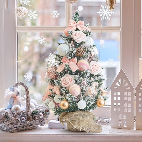 1.8 Feet Pre-lit & Pre-Decorated Tabletop Christmas Tree, Rose Gold Ornament Decorations with Pine Cones, Snow Flocked Mini Christmas Tree with