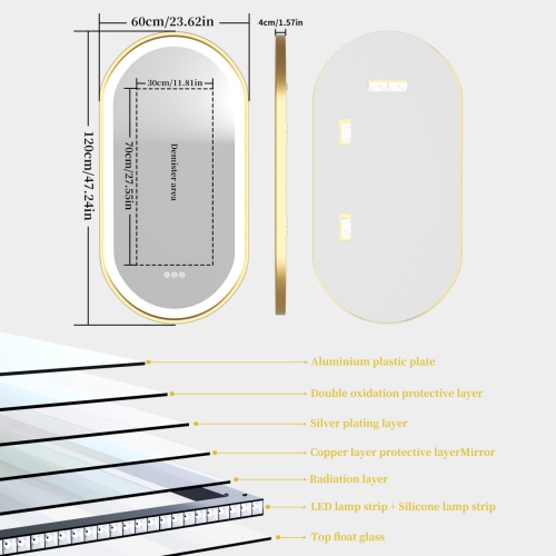 48x24 Inch Oval LED Illuminated&nbsp;Bathroom Mirror Wall Mounted Vanity Mirror with Smart Touch Switch Memory Function Anti-Fog Gold Aluminum Frame