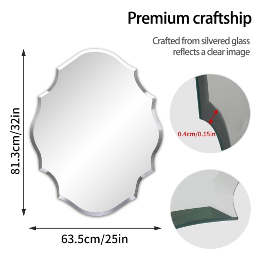 UNHO  32X25 Inch Irregular 3D Glass Wall Mirror Frameless Wide Beveled Bathroom Mirror Accent Mirror for Wall Hanging Art Decor In Silver