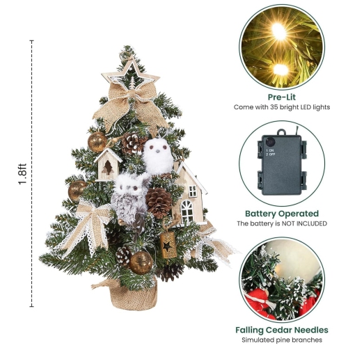 1.8 Feet Pre-lit Decorated Tabletop Christmas Tree, Rustic Winter Woodland Themed Decorations with Pine Cones, Mini Christmas Tree with Lights, 35