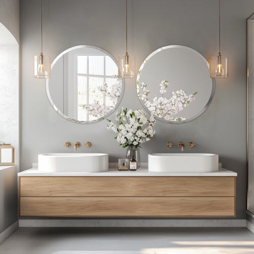 32 Inch Frameless Round Wall Hanging Mirror Silver Glass Mirror Vanity Makeup Mirror with Beveled Polished Edge for Livingroom Bathroom Entryway