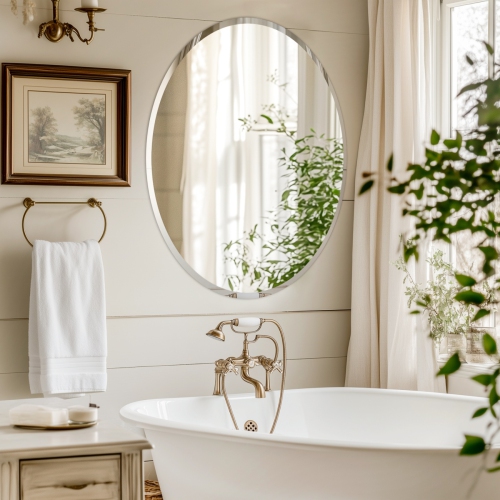 32 Inch Frameless Round Wall Hanging Mirror Silver Glass Mirror Vanity Makeup Mirror with Beveled Polished Edge for Livingroom Bathroom Entryway