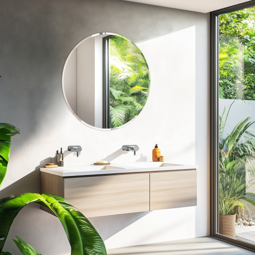 32 Inch Frameless Round Wall Hanging Mirror Silver Glass Mirror Vanity Makeup Mirror with Beveled Polished Edge for Livingroom Bathroom Entryway