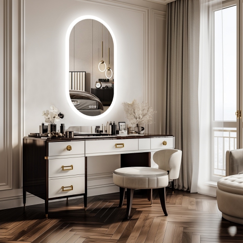 32x20 Inch Oval LED Wall Bathroom Mirror Wall Lighted Vanity Mirror with Anti-Fog 3 Colors Dimmable Lighting Smart Switch Memory Function Silver