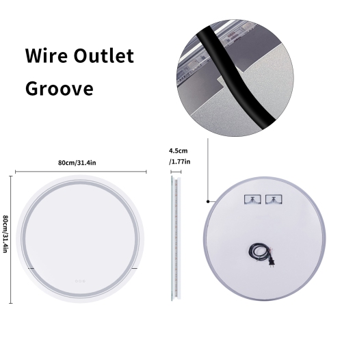 UNHO  32 Inch Round Led Illuminated Bathroom Mirror Backlit Light Aluminum Frame Wall Vanity Makeup Bathroom Mirror \w Light Memory Anti-Fog Function