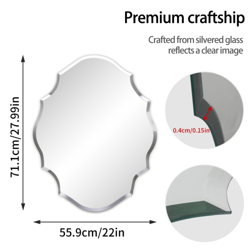 28x22 Inch Irregular 3D Glass Wall Mirror Frameless Wide Beveled Bathroom Mirror Silver Accent Mirror for Wall Hanging Art Decor