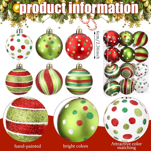 12 Pcs 2.4 Inch Christmas Ball Ornaments Glittering Plastic Hanging Decorations Elf Balls Swirl Candy Cane Peppermint Red and Green Christmas Tree
