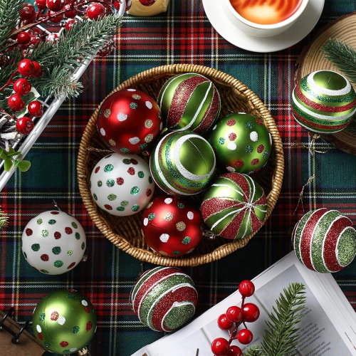 12 Pcs 2.4 Inch Christmas Ball Ornaments Glittering Plastic Hanging Decorations Elf Balls Swirl Candy Cane Peppermint Red and Green Christmas Tree