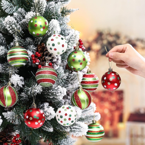12 Pcs 2.4 Inch Christmas Ball Ornaments Glittering Plastic Hanging Decorations Elf Balls Swirl Candy Cane Peppermint Red and Green Christmas Tree