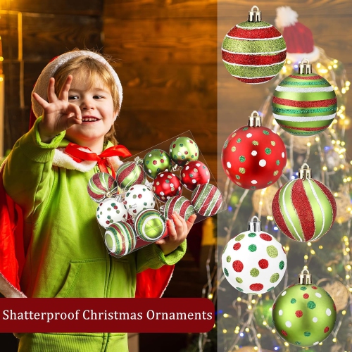 12 Pcs 2.4 Inch Christmas Ball Ornaments Glittering Plastic Hanging Decorations Elf Balls Swirl Candy Cane Peppermint Red and Green Christmas Tree