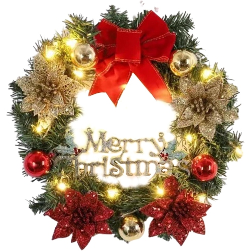 Christmas Wreath with Lights 15.7inch LED Christmas Wreath with Merry Christmas Sign, Red Bow, Poinsettia, & Xmas Balls Ornaments for Winter Holidays