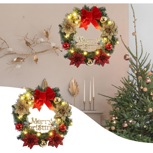 Christmas Wreath with Lights 15.7inch LED Christmas Wreath with Merry Christmas Sign, Red Bow, Poinsettia, & Xmas Balls Ornaments for Winter Holidays
