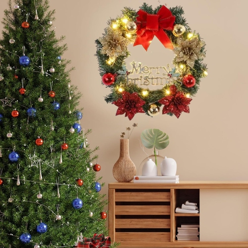 Christmas Wreath with Lights 11.8 Inch LED Christmas Wreath with Merry Christmas Sign, Red Bow, Poinsettia, & Xmas Balls Ornaments for Winter