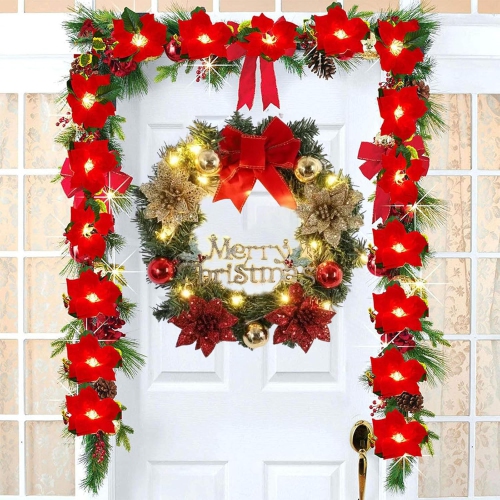 Christmas Wreath with Lights 11.8 Inch LED Christmas Wreath with Merry Christmas Sign, Red Bow, Poinsettia, & Xmas Balls Ornaments for Winter