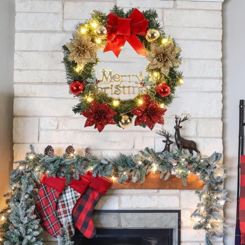 Christmas Wreath with Lights 11.8 Inch LED Christmas Wreath with Merry Christmas Sign, Red Bow, Poinsettia, & Xmas Balls Ornaments for Winter