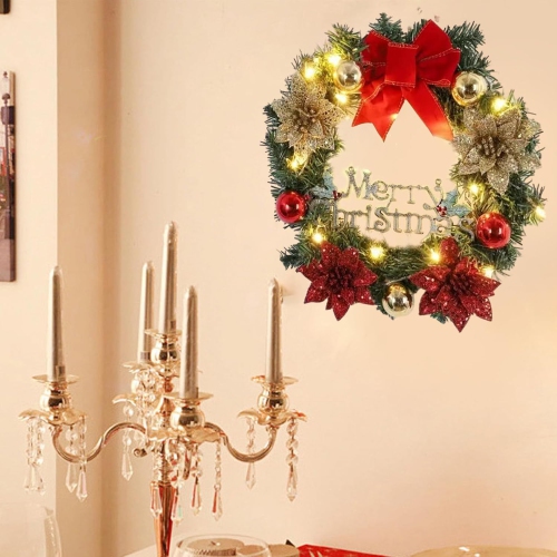 Christmas Wreath with Lights 11.8 Inch LED Christmas Wreath with Merry Christmas Sign, Red Bow, Poinsettia, & Xmas Balls Ornaments for Winter