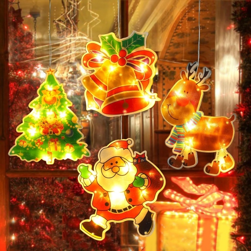 OLLNY DECOR  Christmas Window Decorations, 4PCs Christmas Window Lights Battery Powered Indoor Lights \w Suction Cup, Timer for New