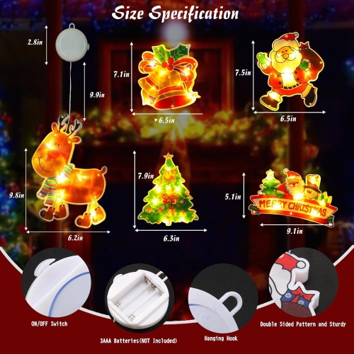 Christmas Window Decorations,4PCS Christmas Window Lights Battery Powered Indoor Lights with Suction Cup,Timer for New Year,Home,Party（Jingle Bell