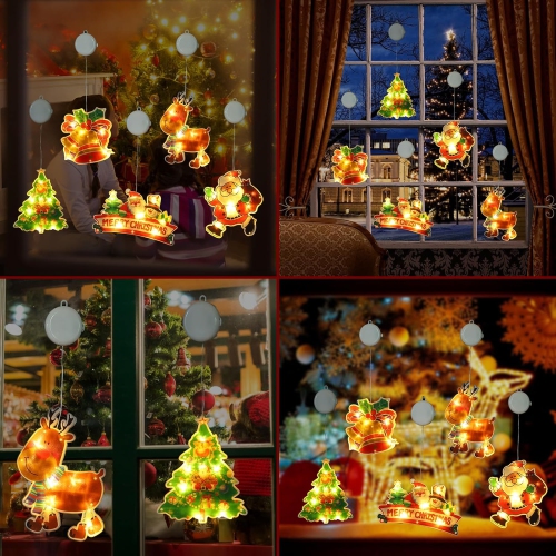 Christmas Window Decorations,4PCS Christmas Window Lights Battery Powered Indoor Lights with Suction Cup,Timer for New Year,Home,Party（Jingle Bell