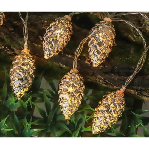 Jeu de 2 guirlandes de pommes de pin de Noël, guirlande d'automne LED 10 Baies argentées, décoration intérieure extérieure, 6,5 pi