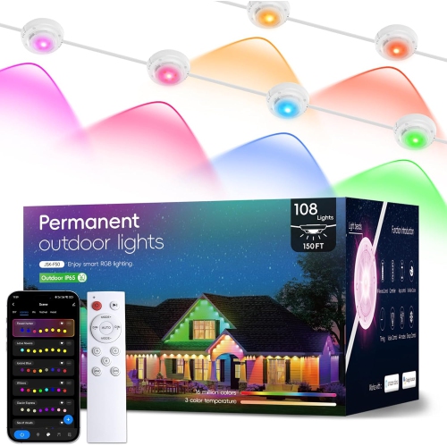 Permanent Outdoor Lights Pro, 150ft with 108 RGB LED Lights for Daily and Accent Lighting,IP65 Waterproof Eaves String Lights with App & Remote,Smart