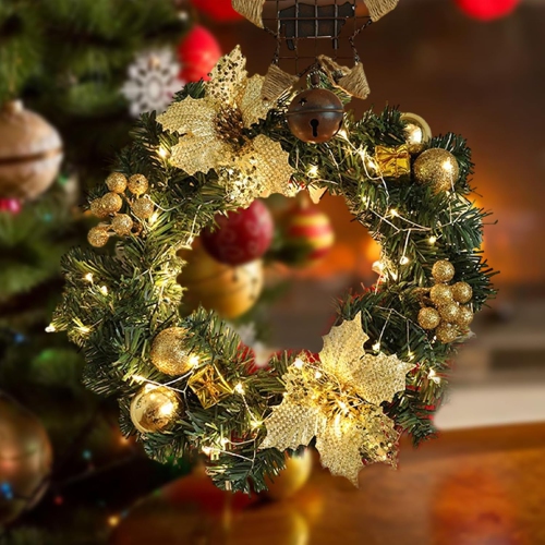11.8inch Christmas Wreath with LED String Light - Pre-Lit Xmas Door Wreath, Decorated with Glitter Poinsettia Flower, Berries Bunches, Christmas Balls