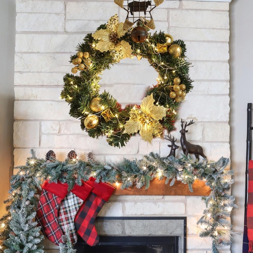 11.8inch Christmas Wreath with LED String Light - Pre-Lit Xmas Door Wreath, Decorated with Glitter Poinsettia Flower, Berries Bunches, Christmas Balls