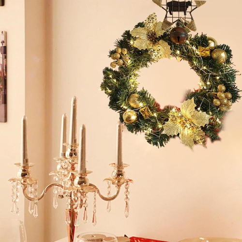 11.8inch Christmas Wreath with LED String Light - Pre-Lit Xmas Door Wreath, Decorated with Glitter Poinsettia Flower, Berries Bunches, Christmas Balls