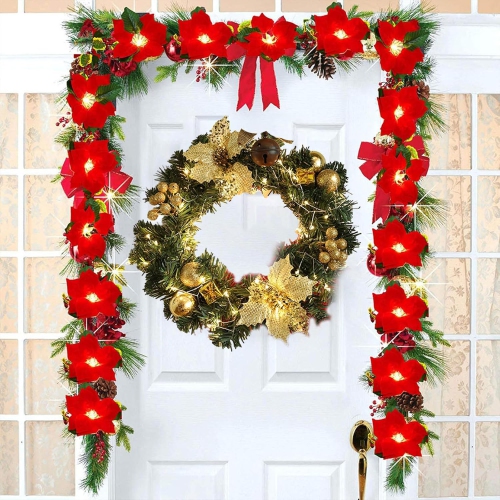 11.8inch Christmas Wreath with LED String Light - Pre-Lit Xmas Door Wreath, Decorated with Glitter Poinsettia Flower, Berries Bunches, Christmas Balls