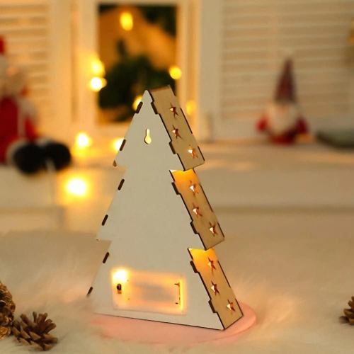 1-pcs 7.9 Inch Wooden Mini Christmas Tree Luminous Small House Rustic Farmhouse Wood Decor for Christmas Home Tabletop Fireplace Decorations
