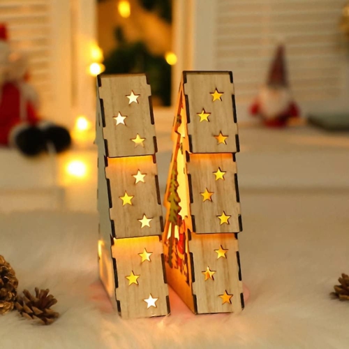 1-pcs 7.9 Inch Wooden Mini Christmas Tree Luminous Small House Rustic Farmhouse Wood Decor for Christmas Home Tabletop Fireplace Decorations