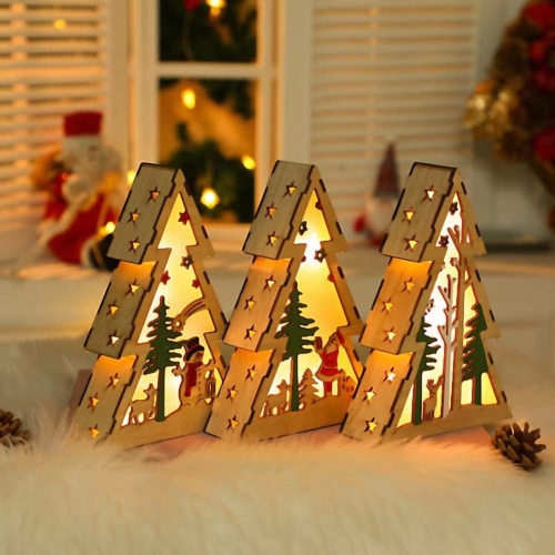 1-pcs 7.9 Inch Wooden Mini Christmas Tree Luminous Small House Rustic Farmhouse Wood Decor for Christmas Home Tabletop Fireplace Decorations