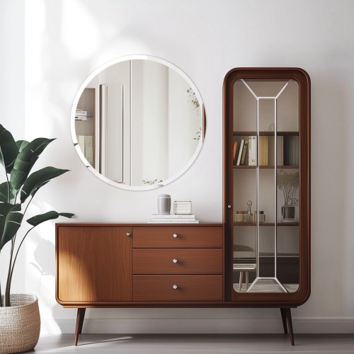 24 Inch Frameless Round Wall Hanging Mirror Silver Glass Mirror Vanity Makeup Mirror with Beveled Polished Edge for Livingroom Bathroom Entryway