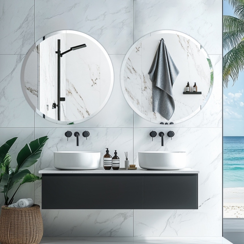 24 Inch Frameless Round Wall Hanging Mirror Silver Glass Mirror Vanity Makeup Mirror with Beveled Polished Edge for Livingroom Bathroom Entryway