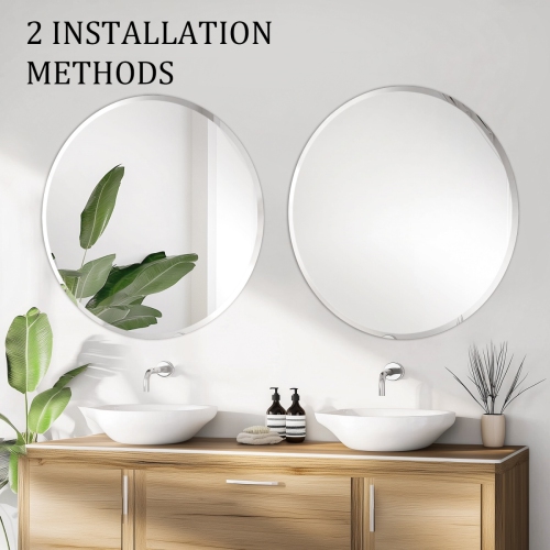 24 Inch Frameless Round Wall Hanging Mirror Silver Glass Mirror Vanity Makeup Mirror with Beveled Polished Edge for Livingroom Bathroom Entryway