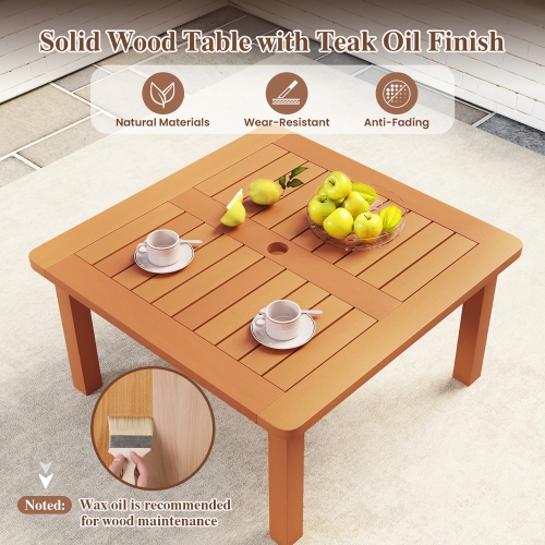 Gymax Patio Coffee Table w/ Umbrella Hole Slatted Tabletop & Teak Oil Finish