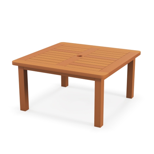 Gymax Patio Coffee Table w/ Umbrella Hole Slatted Tabletop & Teak Oil Finish