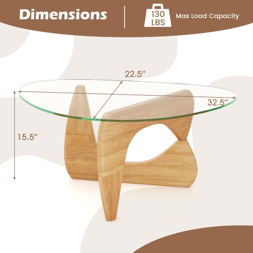 Gymax Triangle Coffee Table w/ Tempered Glass Top & Adjustable Rubber Wood Base