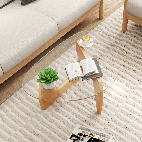Gymax Triangle Coffee Table w/ Tempered Glass Top & Adjustable Rubber Wood Base