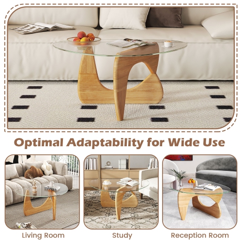 Gymax Triangle Coffee Table w/ Tempered Glass Top & Adjustable Rubber Wood Base