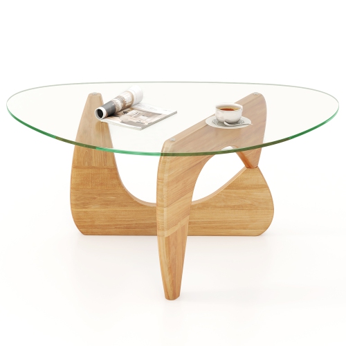 Gymax Triangle Coffee Table w/ Tempered Glass Top & Adjustable Rubber Wood Base