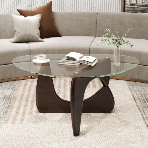 Gymax Triangle Coffee Table w/ Tempered Glass Top & Adjustable Rubber Wood Base