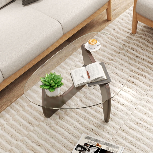 Gymax Triangle Coffee Table w/ Tempered Glass Top & Adjustable Rubber Wood Base