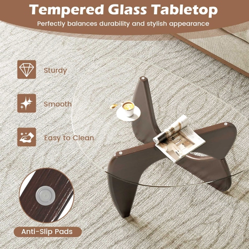 Gymax Triangle Coffee Table w/ Tempered Glass Top & Adjustable Rubber Wood Base
