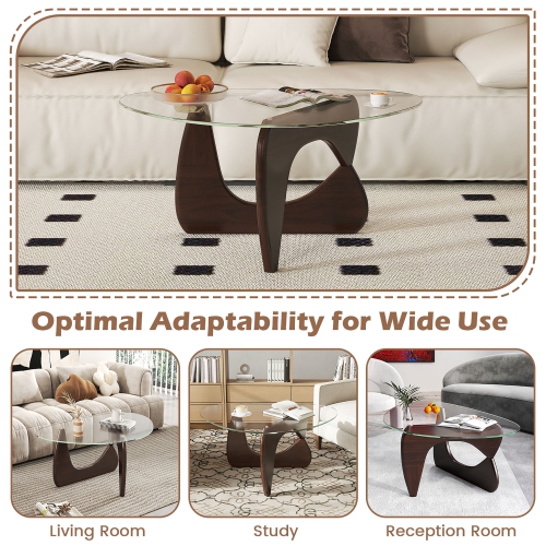 Gymax Triangle Coffee Table w/ Tempered Glass Top & Adjustable Rubber Wood Base