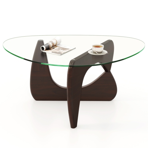 Gymax Triangle Coffee Table w/ Tempered Glass Top & Adjustable Rubber Wood Base