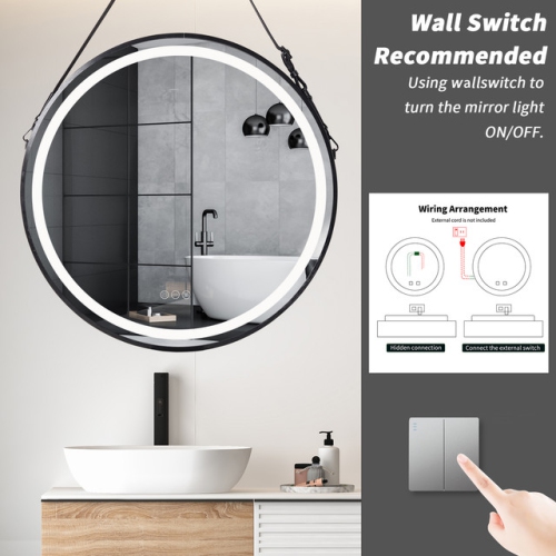 24 Inch Round LED Illuminated Lighted Bathroom Mirror Hanging Makeup Mirror with Light Memory Anti-fog Smart Touch 3 Dimmable Colors for Livingroom
